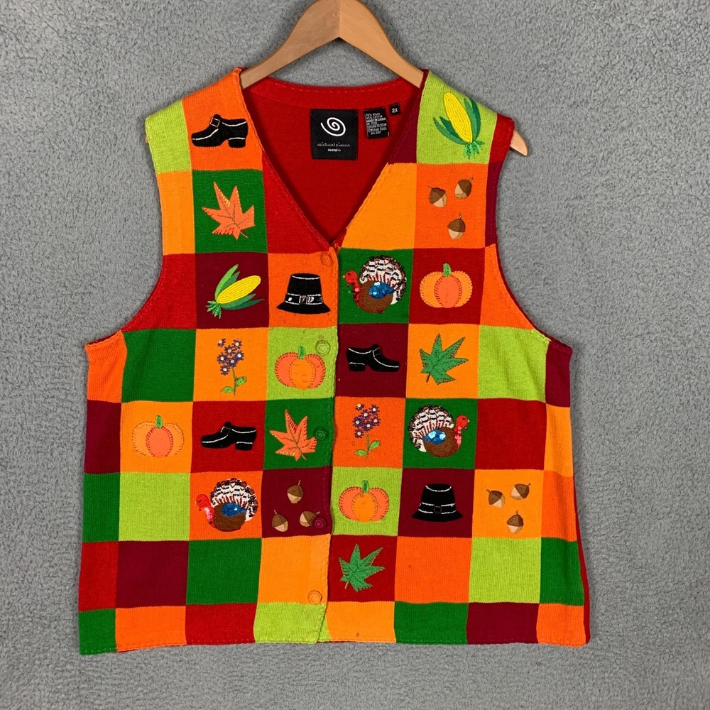 VTG Michael Simon Sweater Vest Plus 2X Thanksgiving Fall Patchwork Beaded‎ Knit